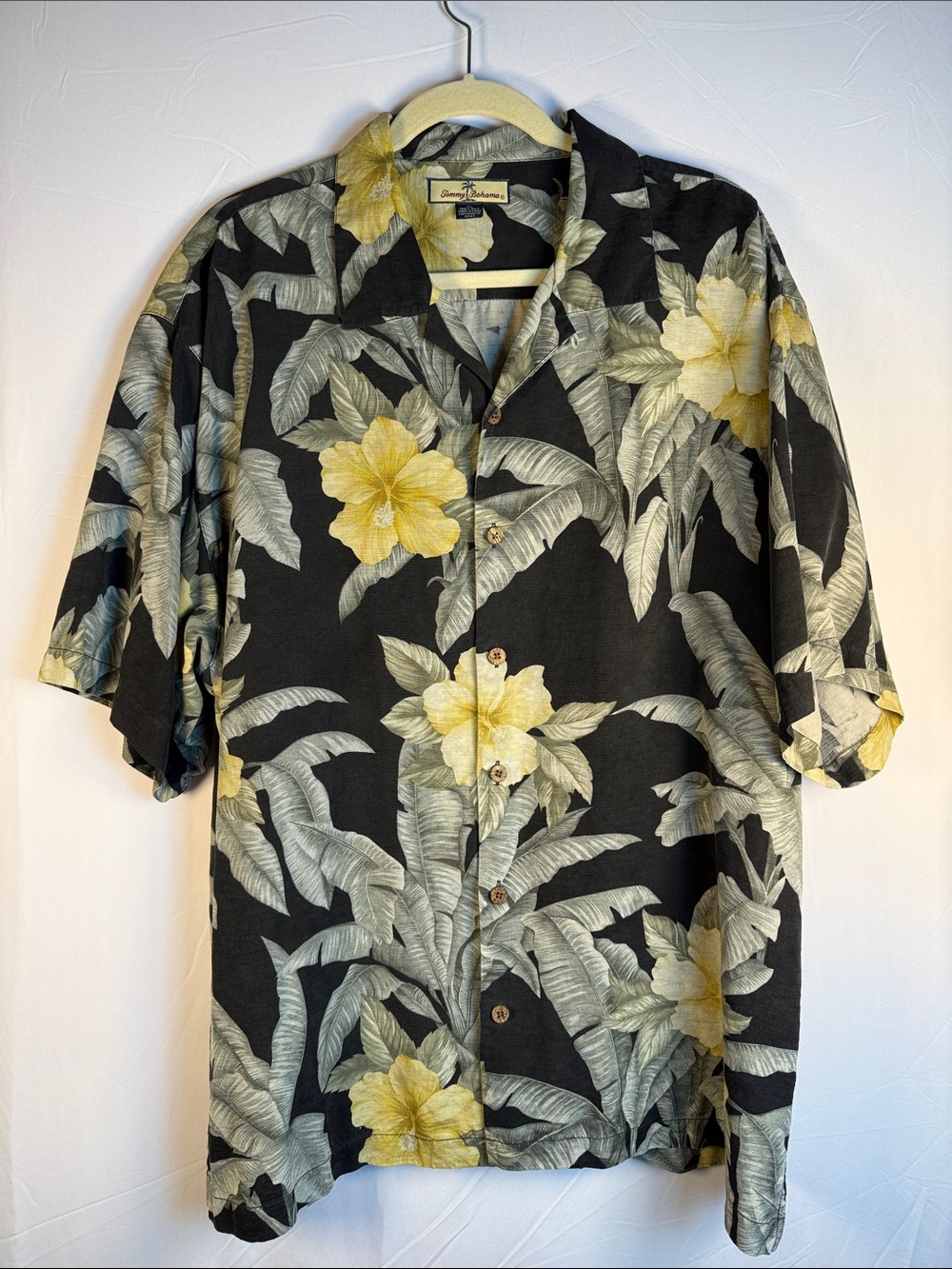 Tommy Bahama Black Floral Silk Hawaiian Camp Shirt with Yellow Flowers